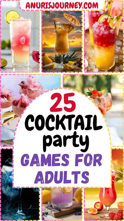 Cocktail party games Mixology Class Parties, Birthday Games For Adults Drinking, Indoor Party Ideas For Adults, Best Adult Party Games, Food Games For Adults, Cocktail Party Activities, Adult Drinking Party Games, Adults Games Party, Indoor Adult Party Games