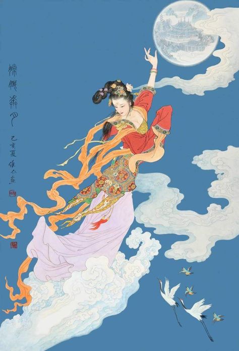 Chinese Style Painting, Ancient China Art, Chinese Gods, 8th Month, Moon Lady, Chinese Folk Art, Traditional Festival, Chinese Illustration, Traditional Chinese Art