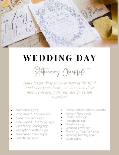 Wedding Contact Sheet, Signage List For Wedding, List Of Wedding Signage, List Of Signage For Wedding, Day Of Wedding Signage, Wedding Day Signage Checklist, Wedding Stationery List, Canva Wedding Stationary, Wedding Diy Stationery