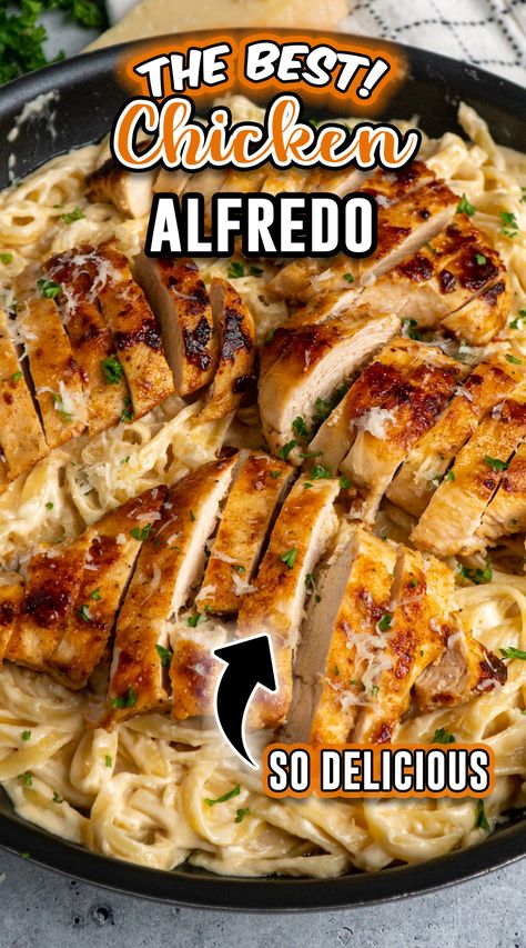 Discover the ultimate easy weeknight dinner with our Chicken Fettuccine Alfredo recipe! Tender chicken breast strips meld with rich, creamy Alfredo sauce atop perfectly cooked fettuccine pasta. A decadent and satisfying meal bound to become a family favorite, making weeknight dinners a breeze. Treat yourself to a taste of Italy tonight! Parmesan Chicken Alfredo, Fettucini Alfredo Chicken, Easy Chicken Fettuccine, Easy Chicken Fettuccine Alfredo, Chicken Fettuccine Alfredo Recipe, Fettucini Alfredo Recipe, Fetuccini Alfredo, Simple Chicken Alfredo Recipe, Garlic Parmesan Chicken Pasta