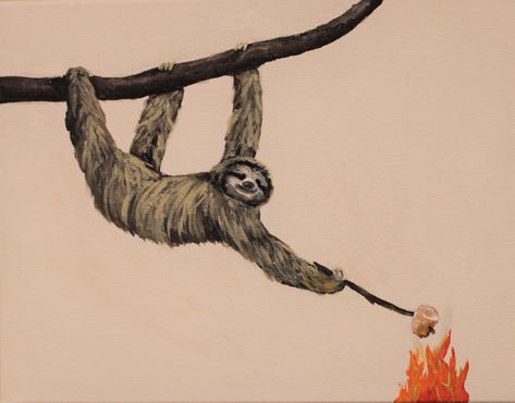 This is the slooow sloth. Look how cute he is. The sloth lives in the rainforests of Central and South America and they eat only leaves. But sometimes, it they find a stick, a marshmallow, and some fire, and slow roast some delicious marshmallows! Title: Slow Roasted Size: 11" x 14" Medium: Acrylic paint Signed and painted by: Deb Campbell Sloth Acrylic Painting, Sloth Bedroom, Marshmallow Gift, Sloth Art, Slow Roast, Funny Wall Art, Inspirational Art, Boho Nursery, A Stick