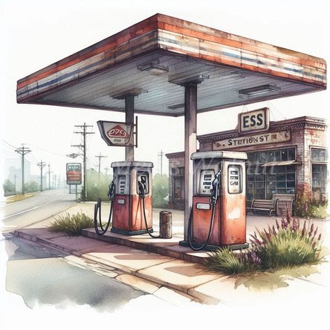 Gas Station Illustration, Retro Gas Station, Truck Illustration, Lego Boat, Station Essence, Station Service, Retro Diner, Model Train Scenery, Petrol Station