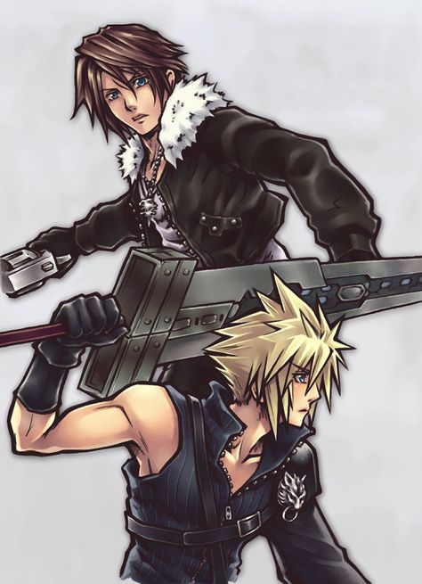 Squall Leonhart and Cloud Strife. Fan art. Final Fantasy VIII and Final Fantasy VII. Squall Leonhart, Tetsuya Nomura, Final Fantasy Collection, Kingdom Hearts Art, Final Fantasy Artwork, Final Fantasy Art, Cloud Strife, Comics Art, Fantasy Series