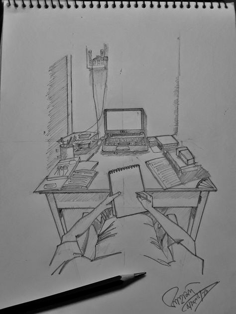 A Perspective drawing of me drawing me on my table. Paper On Table Drawing, School Perspective Drawing, Top View Perspective Drawing, Desk Perspective Drawing, Messy Desk Drawing, First Person Perspective Drawing, Table Reference Drawing, Desk Drawing Sketch, First Person Point Of View Drawing