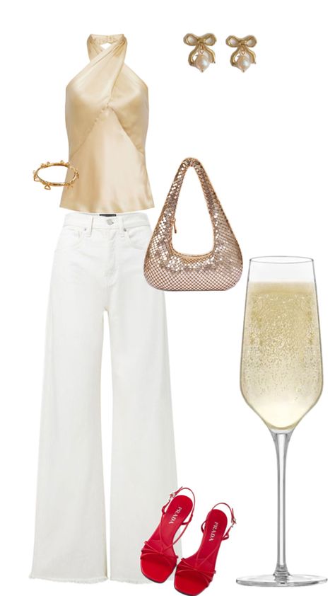 White jeans, champagne top, champagne bag, red heels Dinner Outfit, Dinner Outfits, Red Heels, White Jeans, Cool Girl, Champagne, Spring Summer, Top Outfits, Heels