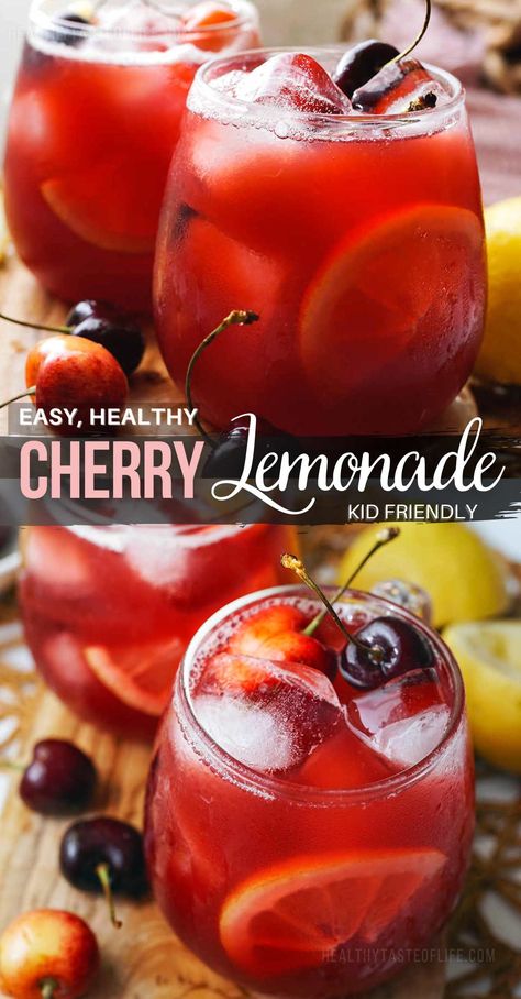 Relish the taste of summer with this easy fresh Cherry Lemonade Recipe. It combines freshly squeezed lemons and ripe cherries. This cherry lemonade is truly summer in a glass, perfectly balancing sweet and tart, it's the ideal thirst-quencher for hot days. Easy to make and adaptable, you either make the cherry juice yourself or use a bottles black or tart cherry juice. #cherrylemonade #cherry #lemonade #recipe #summer #drink Cherry Lemonade Recipe, Black Cherry Juice, Cherry Drink, Cherry Lemonade, Tart Cherry Juice, Drink Recipes Nonalcoholic, Summer Drink Recipes, Lemonade Drinks, Refreshing Drinks Recipes