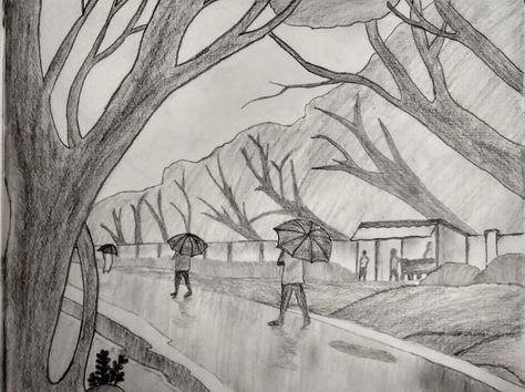 Sketch Rainy Days, Rainy Season Sketch, Rainy Day Drawing Pencil, Rainy Day Sketch, Tree Pencil Sketch, Rainy Day Drawing, Black Quotes Wallpaper, Rainy Day Pictures, Memory Drawing