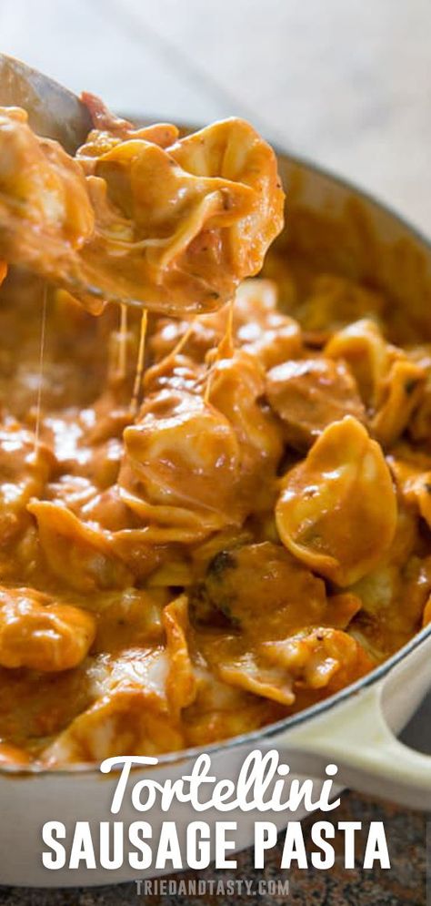 The ultimate comfort food recipe! This pasta uses cheese filled tortellini with sausage and creamy tomato sauce. Andouille Sausage And Tortellini Recipes, Tortellini Recipes Vodka Sauce, Sausage Tortellini Recipes, Tortellini With Sausage, Creamy Sausage Tortellini, Kabasa Recipes, Pasta Tortellini, Cheese Tortellini Recipes, Lazy Dinner