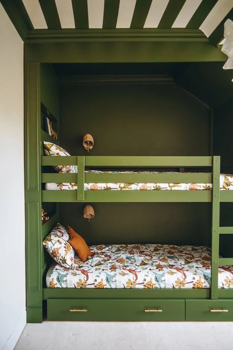 Plot Twist: This “Built-In” Bunk Bed Is Actually a $299 IKEA DIY | domino Bunk Beds For Boys, Ikea Bunk Bed Hack, Ikea Mydal, Bunk Bed Hacks, Beds For Boys, Ikea Bunk Bed, Bunk Beds Boys, Recessed Shelves, Ikea Kura Bed