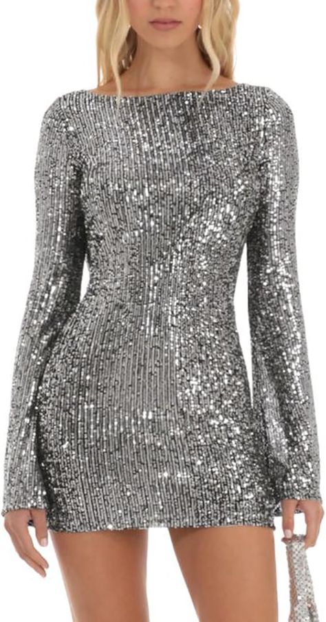 FeMereina Women Sequin Party Dress CrewNeck Long Sleeve Ruched Bodycon Glitter Dress Sparkly Backless Tie-Up Mini Club Party Dress Fall Party Dress, Dresses Y2k, Backless Cocktail Dress, Strapless Dresses, Mini Bodycon Dress, Fall Party, Dress Spring, Dress With Tie, 2023 Fashion