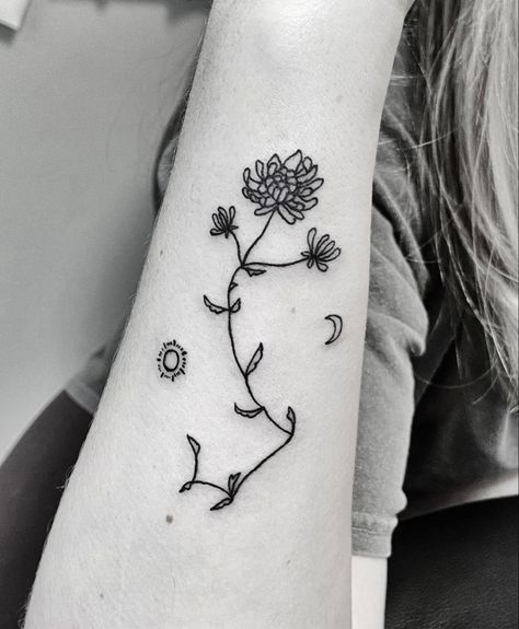 Chrysanthemum (November birth flower) in the shape of a Scorpio constellation. Chrysanthemum And Scorpio Constellation Tattoo, Scorpio And Chrysanthemum Tattoo, November Scorpio Tattoo, Chrysanthemum Scorpio Tattoo, Scorpio Birth Flower, Scorpio Flower Tattoo, November Tattoo Ideas, Scorpio Flower, Scorpio Sign Tattoos