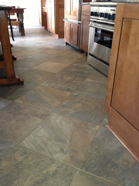 Kitchen Floor Tile With Dark Cabinets, Sunroom Flooring Ideas, Sunroom Flooring, Grey Tile Kitchen Floor, Grey Kitchen Tiles, Dark Grey Tile, Dark Wood Cabinets, Brown Cabinets, Brown Floors