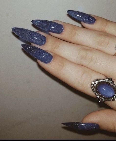 Blue Fall Acrylic Nails, Coffin Dark Nails, Pointy Blue Nails, Hot Almond Nails, Pretty Dark Nails, Goth Nails Blue, Dark Tone Nails, Dark Blue Stiletto Nails, Dark Mermaid Nails