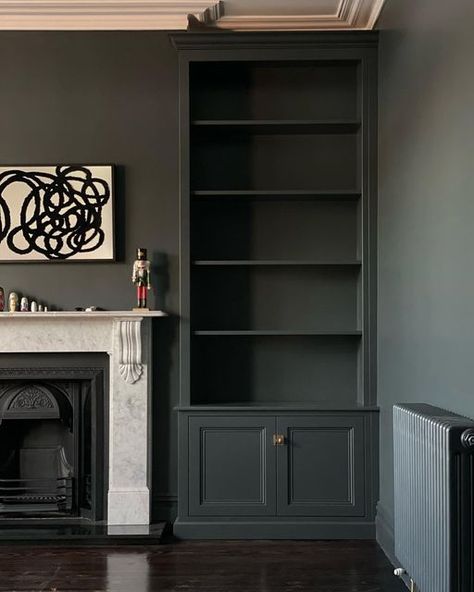 Study Room With Fireplace, Dark Alcoves Living Rooms, Victorian Alcove Cupboard, Living Room Alcove Cupboards, Alcove Joinery, Fireplace Cabinetry, Television Room, Alcove Bookshelves, Victorian Conversion