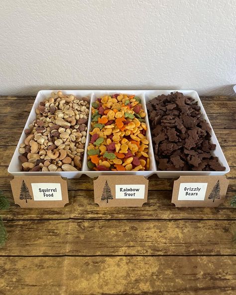 Camping Theme 3rd Birthday Party, One Happy Camper Snack Ideas, Finger Foods For Birthday Party Kids, Hunting Party Snacks, Camp Theme Food Ideas, Wilderness Party Food, Bears First Birthday Party, Adventure Theme Party Food, Camp Theme First Birthday Party