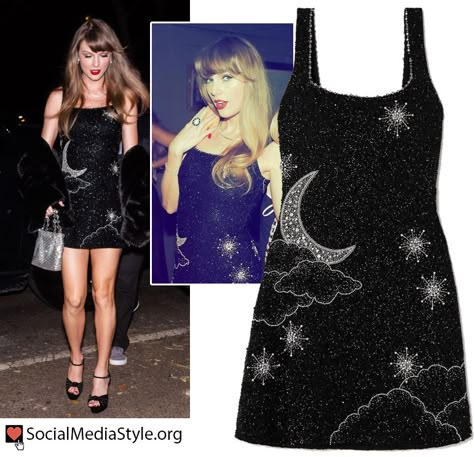 Taylor Swift's bead and crystal embellished moon and star black mini dress Taylor Swift Mini Dress, Taylor Swift Star Outfit, Taylor Swift Star Dress, Stars And Moon Dress, Embellished Dress Diy, Midnight Dress Taylor Swift, Taylor Swift Midnight Dress, Midnights Dress Taylor Swift, Taylor Swift Black Dress