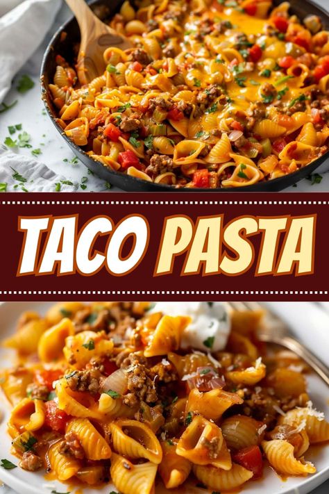 Transform Taco Tuesday with this incredible taco pasta! Packed with ground beef, salsa, veggies, shells, and cheese, everyone will devour it! Taco Pasta With Egg Noodles, Taco Shell Pasta Recipe, One Pot Taco Mac, One Pan Taco Pasta, Summer Meals Ground Beef, Sea Shell Pasta Recipes, Medium Pasta Shell Recipes, Ground Beef With Pasta Recipes, Taco Pasta Recipes Easy