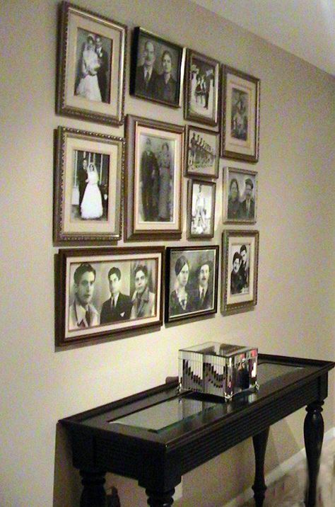 Ancestry Wall, Family Photo Gallery Wall, Pictures Of Family, Family Pictures On Wall, Family Gallery Wall, Picture Arrangements, Family Photo Wall, Display Family Photos, Old Family Photos