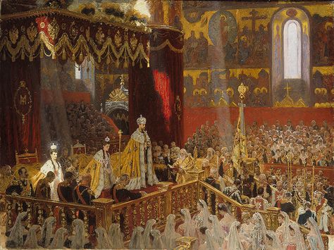 A contemporary artist's depiction of the coronation of the new (and last) Romanov Dynasty Tsar - Nicholas II and his wife Alexandra. Coronation Robes, Nicolas Ii, Maria Feodorovna, Édouard Manet, House Of Romanov, Alexandra Feodorovna, Romanov Dynasty, Tsar Nicholas Ii, Tsar Nicholas