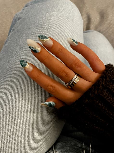 In love with this set #nailinspo #emeraldnails #almondshapenails #winternails Emerald Green Prom Nails Almond, Green Marble Nails French Tip, Marble Green Nails, Green And Gold Marble Nails, Dark Green Marble French Tip Nails, Emerald Green And Gold Marble Nails, Emerald Marble Nails, Green Marble Almond Nails, Green Marble Nails