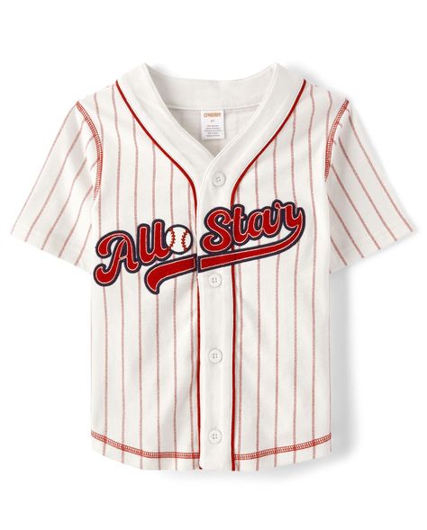 PRICES MAY VARY. 100% Cotton Imported SHORT SLEEVE TOP — A classic look for his favorite backyard games! Pair with his favorite tee, shorts and a cap. DESIGN — Features a baseball jersey style with allover stripes and embroidered All-Star graphic at front FEATURES — 100% cotton jersey, crew neck, front button placket, curved hem BASEBALL CHAMP — Take your all-star cutie to their first game of the season in our Baseball Champ Collection, featuring classic details from their favorite game! GYMBORE Kids Baseball, Baseball Jersey, Baseball Shirts, Jersey Top, Boy Shorts, Button Up Shirt, Cotton Style, Up Shirt, Classic Looks