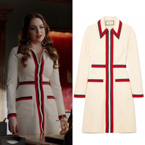 Fallon Carrington wears this red grosgrain-trimmed Cream stretch-crepe Gucci dress on Dynasty 2x09 Gucci Outfit, Dynasty Outfits, Fallon Carrington, Dynasty Clothing, Gucci Dress, Tv Show Outfits, Gucci Outfits, Mode Ootd, Modieuze Outfits