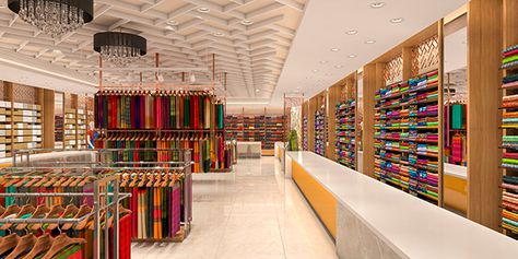 Saree Showroom, Store Counter Design, Ways To Tie A Scarf, Shop Counter Design, Fabric Library, Fabric Store Displays, Partition Designs, Fabric Store Design, Commercial Design Exterior