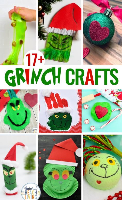 17 Grinch Crafts for Kids, Get ready for the holidays with these Grinch Activities and Grinch Crafts for Kids, Grinch Slime, Grinch Paper Plate Craft, Grinch Treats and all of the Grinch Party Ideas that you need. #grinch #christmascrafts #grinchcrafts #craftsforkids Grinch Crafts For Kids, The Grinch Party, Grinch Activities, Grinch Party Ideas, Juleverksted For Barn, Grinch Crafts, Le Grinch, Grinch Christmas Party, Paper Plate Craft