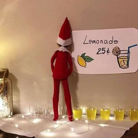 Elf on the shelf pee lemonade meme Elf On The Shelves, Elf Ideas Easy, Bad Elf, Elf Funny, Awesome Elf On The Shelf Ideas, Elf Activities, Xmas Elf, Elf Antics, Elf Fun