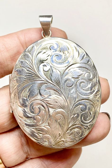 Large Sterling Jubilee Locket, engraved, 65 mm *PLEASE ENLARGE PHOTOGRAPHS FOR SIZE AND SURFACE CONDITION        ----------------------------------------------------------------- Instagram -  @AntiqueJewelrySupply, @LuxRevival, @MadMadCrafter Etsy shops : www.etsy.com/shop/madmadcrafter www.etsy.com/shop/luxrevival Kodi Design, Large Locket, Engraved Locket, Vintage Choker Necklace, Silver Jubilee, Victorian Pendants, Engraved Pendant, Wedding Pendant, Vintage Choker