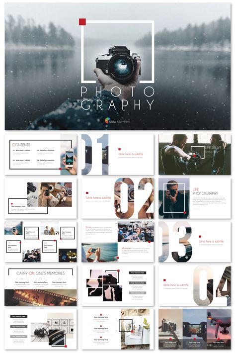 This creative photography template is a good for portfolio, company branding, and advertising purposes. Ad Campaign Presentation Design, Powerpoint Design Photography, Photography Ppt Template, Modern Keynote Design, Photography Advertising Ideas Templates, Portfolio Ppt Design, Photography Template Design, Photography Presentation Ideas, Company Portfolio Design Layout