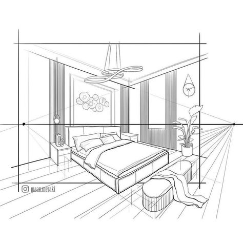 Interior Sketch Designs That Reflect Your Lifestyle Perspective Drawing Architecture Room, 2 Point Interior Perspective, Two Point Perspective Bedroom, Two Point Perspective Drawing Interior, 2 Point Perspective Drawing Interior, Perspective Drawing Interior, Interior Perspective Drawing, Bedroom Perspective, 3 Point Perspective Drawing