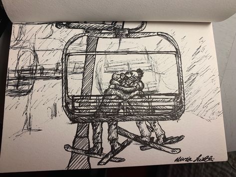 Chairlift Drawing, Chairlift Tattoo, Ski Drawing, Raccoon Cartoon, Winter Drawing, Dubai Art, Winter Drawings, Drawing Ideas List, Pen Drawings