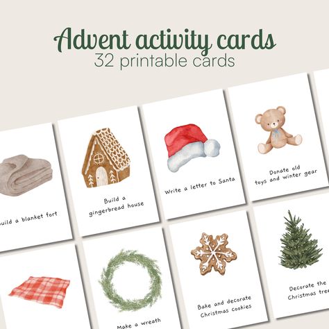 🔔 ADVENT ACTIVITY CARDS FOR KIDS Looking for a fun way to make this Christmas season unforgettable for your family? These Advent Activity Cards are here to add a sprinkle of winter magic to your days! Create cherished memories with your little ones as you explore the beauty of the season together. 🎅 What's Included - 32 beautifully designed Christmas Advent Activity Cards - Each card features a unique winter-themed activity - Ready-to-print PDF file (4 cards on one page, 8 pages total). - Perfect for kids' bucket lists and daily inspiration ⛄ Why Choose these Christmas Activity Cards  - Quality Family Time: Foster quality bonding moments with your kids through these engaging activities. - Educational Fun: Many of the activities promote learning about nature, arts, and more. - Easy and Co Winter Holiday Traditions, Advent Calendar Cards Printable, Christmas Activity Advent, Advent Calendar Activity Cards, Advent Cards Printable, December Bucket List Kids, Christmas Story Activities For Kids, Advent Kids Activities, Christmas Activities For Toddlers Crafts