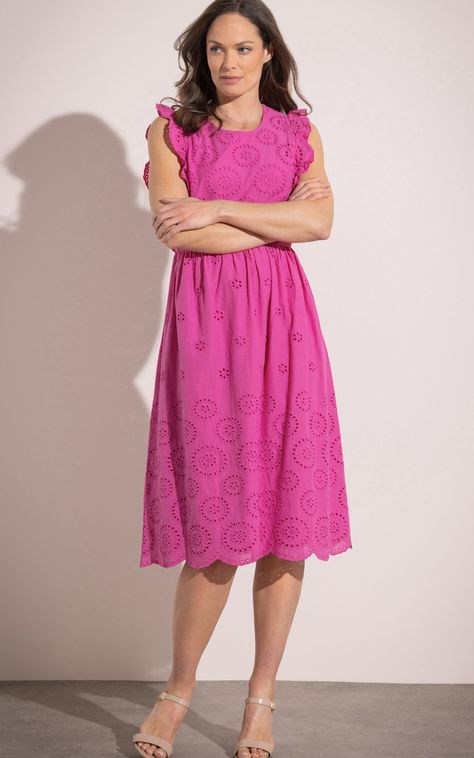 Keep cool and breezy this summer in our schiffli cotton dress that has a timeless appeal. Designed to fall below the knee, lined with round neckline, sleeveless cut and finished with frill detailing to the top. Back length 117cms. Please note:- our sizing can be on the larger side compared to other brands – please check our sizing chart as you may wish to order a smaller size than usual. Summer, bloat-friendly, occasion-dress, Garden Party, Style - Feminine, Party, Going Out, Floral, Flowy, Slee Cotton Schiffli Dress, Cotton Knee Length Dresses, Schiffli Dress, Feminine Party, Dress Garden, Sleeveless Cotton Dress, Cotton Frocks, Style Feminine, Tunic Designs