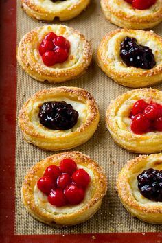 Cream cheese danish topped with cherry and blueberry pie filling. Cheese Danish Recipe, Pastries Recipes Dessert, Fruit Dinner, Puff Pastry Desserts, Cream Cheese Danish, Blueberry Pie Filling, Cheese Danish, Danish Food, Pastry Tart