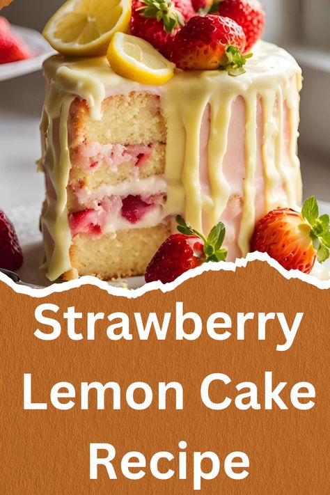 The Strawberry Lemon Cake is a refreshing dessert that beautifully balances the tartness of fresh lemons with the sweetness of strawberries. This recipe features moist lemon-flavored layers, filled with luscious strawberry puree and topped with a creamy lemon frosting. Lemon Strawberry Pound Cake, Lemon And Strawberry Cake, Strawberry Lemon Recipes, Strawberry Lemon Desserts, Strawberry Lemonade Cake Recipe, Lemon Strawberry Cake, Lemonade Cake Recipe, Lemon Cream Cheese Icing, Strawberry Lemonade Cake