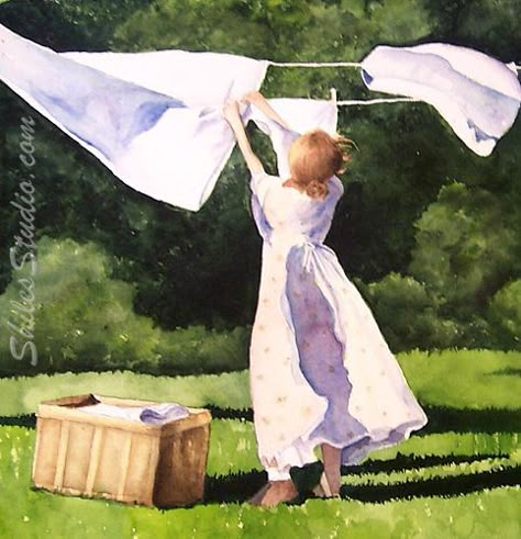 Watercolor People, Laundry Art, 수채화 그림, Laundry Day, Hanging Clothes, Windy Day, Art Themes, Clothes Line, Pictures To Paint