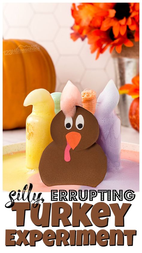 This turkey science project is SO MUCH FUN! This is a creative, thanksgiving themed elephant toothpaste activity that is sure to impress kids of all ages! This simple thanksgiving science experiment uses common items and is easy to do in just 5-10 minutes! Your toddler, preschool, pre-k, kindergarten, first grade, 2nd grade, 3rd grade, 4th grade, and 5th grader will be impressed as they grow colorful turkey feathers with this november activity for kid. Turkey Science, Pumpkin Math Activities, Turkey Math, Thanksgiving Math Activities, Pumpkin Math, Turkey Activity, Thanksgiving Worksheets, Thanksgiving Writing, Thanksgiving Books