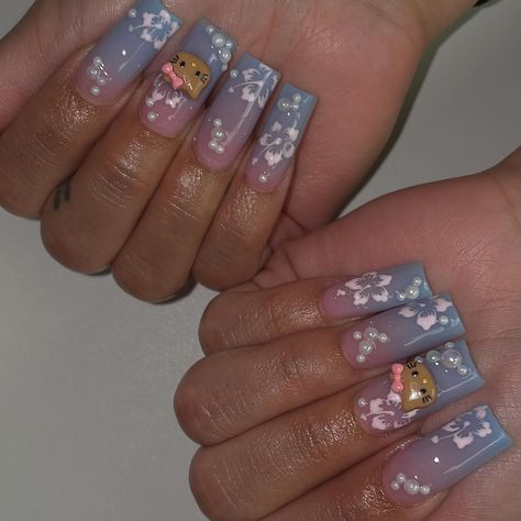 hello kitty hawaii nails 🌺💞✨ . hk charms + tapered nails tips @nailsbylili.shop . #almondnails #squarenails #nailinspo #hellokittynails #valentinobeautypure #frenchtipnails #whitenails #ombrenails #airbrushnails #glitternails #pinknails #chromenails #goldnails #lanails #lanailtech #hawaiinails Hawaii Hello Kitty Nails, Hello Kitty Toes, Tapered Nails, Hawaii Hello Kitty, Hawaiian Hello Kitty, Hawaii Nails, Kitty Nails, La Nails, Airbrush Nails