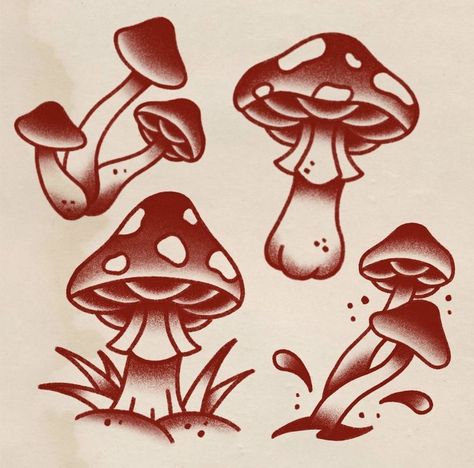 Traditional Mushroom Tattoo Flash, Trad Mushrooms Tattoo, Old School Mushroom Tattoo, Traditional Tattoos Mushroom, Mushroom Flash Sheet, American Traditional Mushroom Tattoo, American Traditional Mushroom, Mushroom Tattoo Flash, American Trad Flash