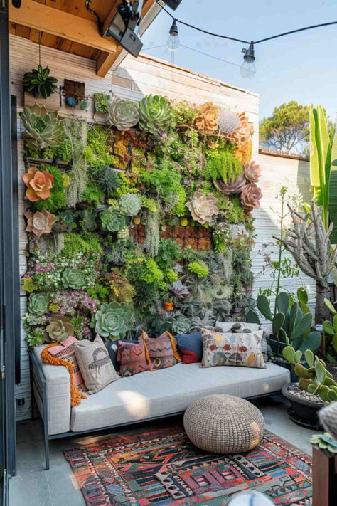 40 Stylish Boho Garden Ideas for Your Backyard Boho Garden Ideas, Garden Dividers, Spiral Garden, Bohemian Patio, Inspiring Outdoor Spaces, Boho Patio, Bohemian Garden, Succulent Wall Art, Vertical Garden Wall