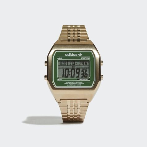 An 80's retro digital vibe coming straight from adidas Originals' rich archive and combined with modern flair. Either with a stainless steel bracelet or a colored resin strap, the Digital Two watch is a fun accessory with serious timekeeping features including time and date display, alarm and chronograph functions. Adidas Watch, Watches Digital, Fancy Fits, Gold Adidas, Guy Fits, Green Watch, Retro Watches, Sneakers Adidas, Shine Bright Like A Diamond