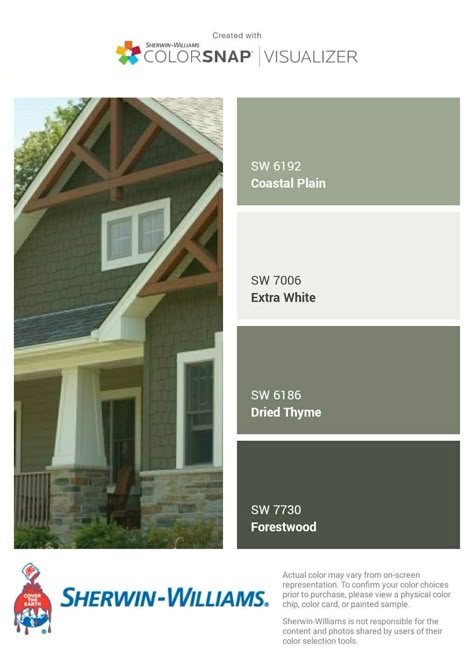 I just created this color palette with the Sherwin-Williams ColorSnap® Visualizer app on my Android phone. What do you think? You can learn more about ColorSnap Visualizer and get it on your phone free by visiting http://www.sherwin-williams.com/colorsnap. Olive Green House Exterior, Green Exterior House Colors, Green House Exterior, House Paint Color Combination, Brown Roof, Color Combinations Paint, House Shutters, Exterior House Paint Color Combinations, Exterior House Color