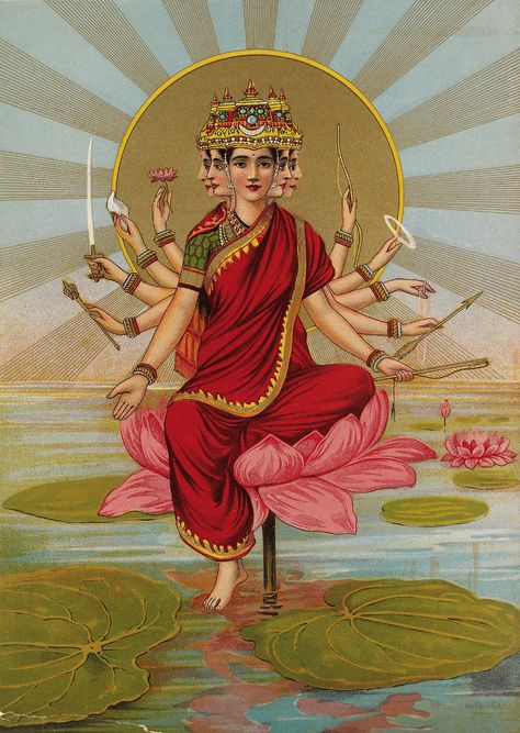 Gayatri Mata, Ravi Varma, Indian Traditional Paintings, Gayatri Devi, Ashmolean Museum, Indian Painting, Hinduism Art, Om Namah Shivaya, Vedic Art