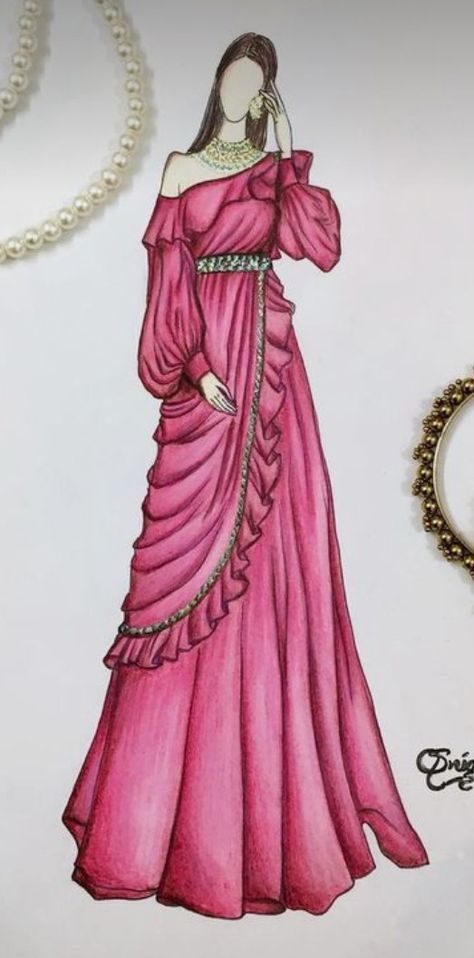 Saree Illustration, Dress Illustration Design, Sari Gown, Bride Fashion Illustration, Fashion Design Books, Dress Illustration, Colour Shades, Dress Design Drawing, Fashion Illustration Sketches Dresses