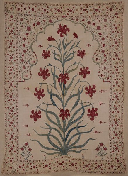 India (made)  Date: ca. 1650-1700 (made) Embroidered cotton with silks. Much of the decoration in Mughal and other Indian courts was provided by patterned textiles, both on the floor and the walls, as well as in the colourful dress of the courtiers. This elegant embroidered panel would have been hung on a wall or perhaps used as a curtain over a window. The design, of a flowering plant placed within an arched niche, is typical of Mughal production in the seventeenth century... Photo Wall Hanging, Mughal Art Paintings, Antique Wallpaper, Mughal Paintings, Mughal Empire, Indian Patterns, Indian Prints, Indian Textiles, Antique Textiles