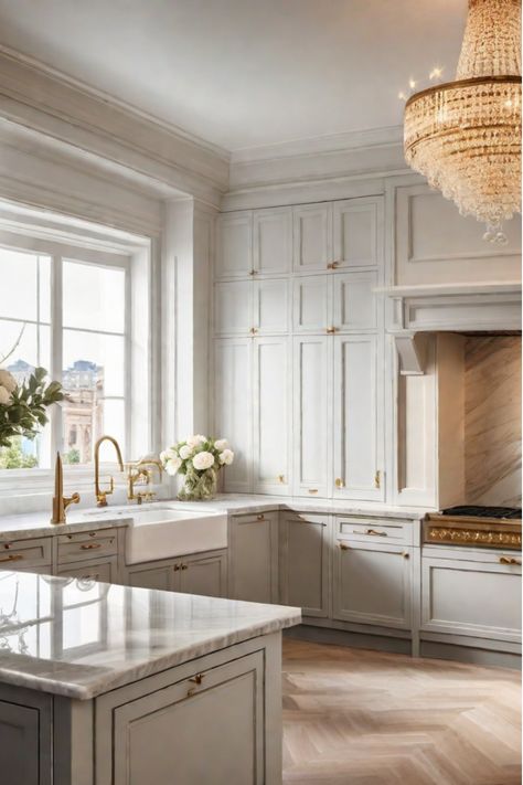 Timeless kitchen with marble, brass, and chandelier Kitchen Brass Accents, Stunning Kitchens Classic, Brass White Kitchen, Rich Kitchen Aesthetic, Modern Parisian Kitchen Design, Dreamy Kitchen Aesthetic, Emslifeandloves Kitchen, Parisian Chic Kitchen, European Inspired Kitchen