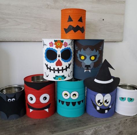 Coffee Can Halloween Ideas, Coffee Can Halloween Crafts, Halloween Tin Can Crafts, Tin Can Halloween Crafts, Tin Can Crafts Diy Upcycle, Tin Can Halloween, Dulceros Halloween, Halloween Breakfast, Halloween Art Projects