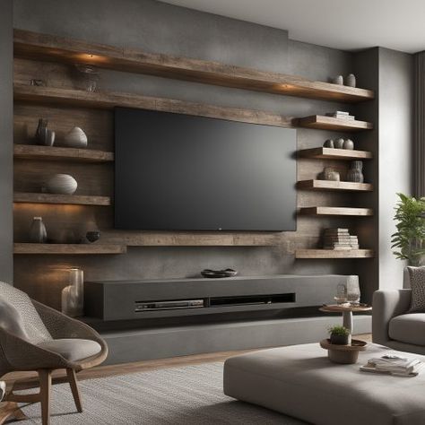 Elevate Your Living Room: 30 Stylish Media Wall Design Ideas - It's The Decor Latest Tv Wall Unit Designs, Contemporary Media Wall, Media Wall Design, Diy Wall Unit, Living Room Bar Ideas, Tv Shelf Design, Tv Wall Shelves, Wall Design Ideas, Living Room Wall Units